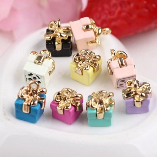 Mini Order 10PCS Assorted Color 3D Cube Alloy Enamel Birthday Gift Box Shape DIY Jewelry Bracelet Necklace Keyring Charms