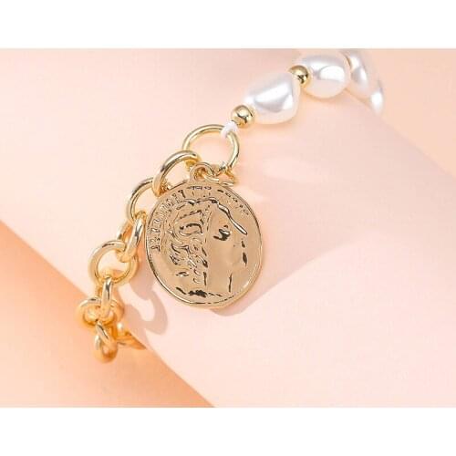 ORNAPEADIA Fashion Alloy Simple Bracelet for Women Imitation Pearl Portrait Coin Pendant Bracelet Adjustable Female Jewelry