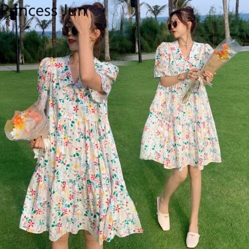 New Summer Sweet French Girl Short Sleeve Mini Dress Cute V Neck Flower Floral Dress Vestidos Holiday Loose Cute Doll Dress