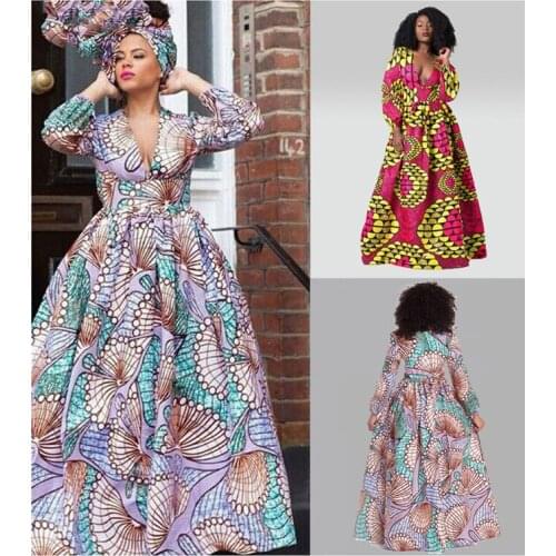 2021 Autumn New African Print Dress Ethnic Style Long-Sleeved V-Neck Gown Mid-Length Party Sexy Slim Elegant Dress