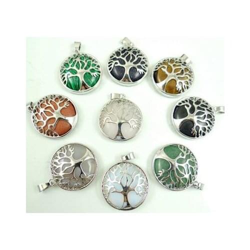 Natural Stone Quartz Crystal tiger eye Turquoises Tree of Life Round Shaped pendant for diy jewelry making necklace10pcs