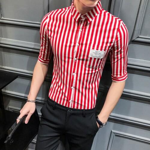 Striped Men Shirt Summer Half Sleeve Casual short Shirt for men Red One Pocket patch design Cotton Slim Fit camisa masculina