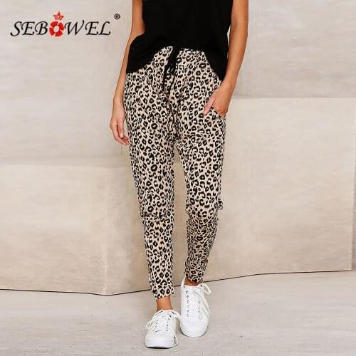 SEBOWEL Casual Womans High Waist Skinny Leopard Print Pants with Pockets 2020 Female Elastic Waistband Drawstring Trousers S-XL