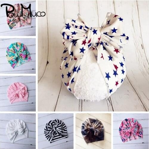 Powmuco 19*17 CM Newborn Infant Printed Hats Fashion Handmade Big Bowknot Baby Girls Caps Cute Stars Pattern Bonnet Photo Props