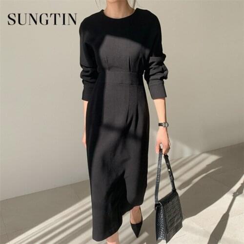 Sungtin Korean Loose High Waist Dress Women Spring Elegant Long Sleeves Dress Female Casual High Quality Chic Vestidos Mujer New
