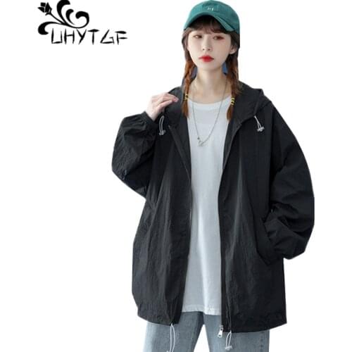UHYTGF Oversized Summer Jacket Women Quality Ice Silk Hooded Breathable Outdoor Thin Sun Protection Clothing Plus Size Coat 1412