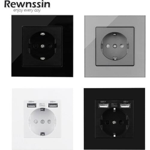 USB Plug Socket EU Standard Power Socket Double Wall Usb Socket Charger AC110V-250V 16A Crystal Glass Panel/Plastic Panel