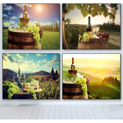 Green Art Wall Picture Poster And Prints Kitchen Room Decor Aesthetic Glass Grapes Rural Scenery Wall Art Canvas Painting