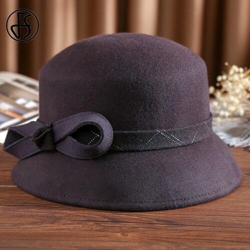 FS Korean Wool Felt Dome Top Fedora Hats For Women Autumn Winter Church Cloche Derby Hat Fedoras Bucket Bowler Cap Rope Bowknot
