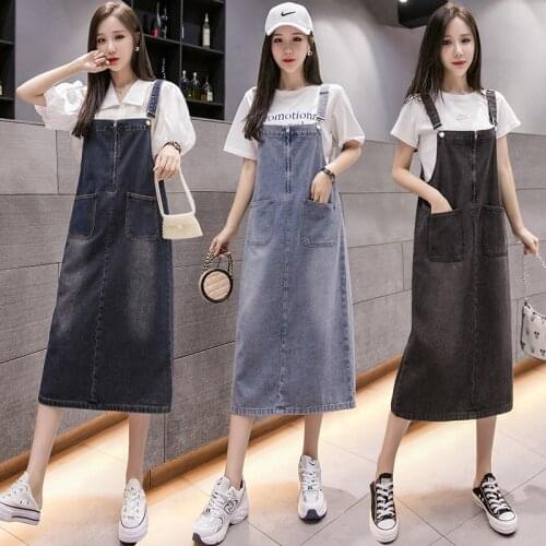 Womens 2021 Spring Summer Sleeveless Jeans Dress Vintage Plus Size Suspender Dresses Denim Loose With Pocket Casual Overalls