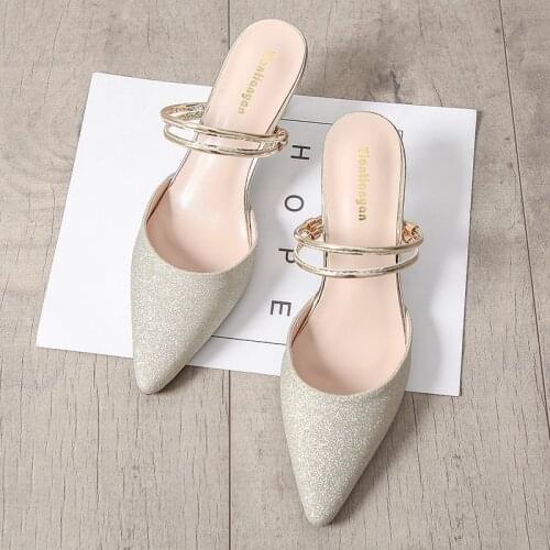 Women Glitter Flipflops Shoes Bling Bling Slippers Back-Strap Ladies Narrow Band Slides Pointed Toe Sandals Gold/Silver Slippers