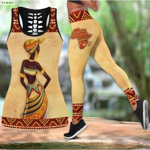 African Women 3D Printed Women Two Piece Yoga Set Vest Hollow Combo Tank Top Legging Waist Sport Fitness Quick Dry E4