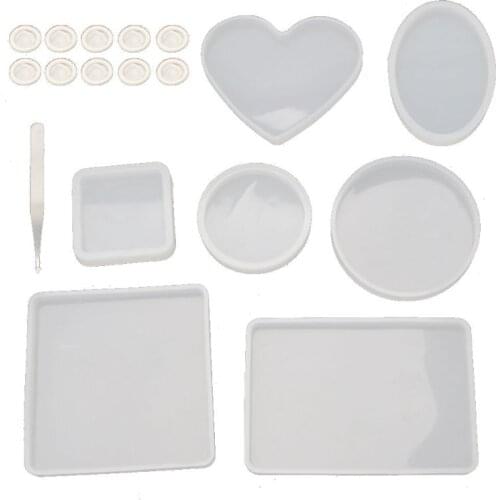 18Pcs Handmade Coaster Silicone Resin Mold Round Square Rectangle Heart Oval Bottom DIY Molds Kit Jewelry Making Tools
