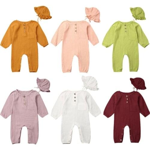 2Pcs Newborn Kid Baby Girl Clothes Long Sleeve Romper Jumpsuit+Hat Autumn Cotton Linen Baby Girl Clothing Outfit Set