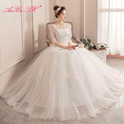 AXJFU princess flower lace white wedding dress party vintage o neck half sleeve illusion ball gown lace up wedding dress