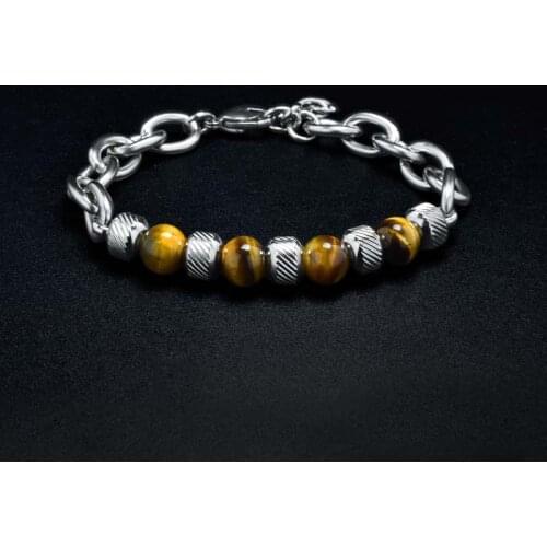 2021 Trendy Mens Stainless Steel Bracelet 100% Real Natural Stone Beads Braslet Tiger eye Punk Link Chain Brazalete For Him Gift