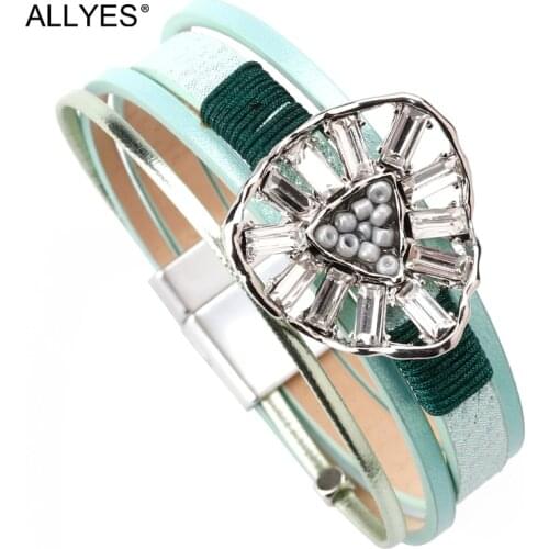 ALLYES Triangle Charm Leather Bracelet Female Trendy pulseira feminina Crystal Multilayer Wide Bracelets for Women Jewelry