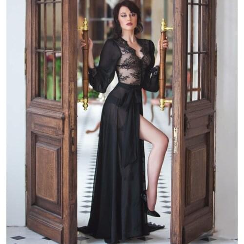 Black Bridal Boudoir Gowns Long Sleeve Wedding Sleepwear Bathrobes Nightgowns Robes Bride Women Dress Kimono Lace Chiffon