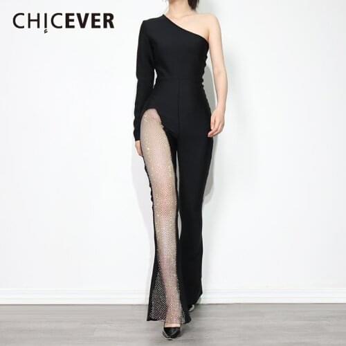 CHICEVER Black Patchwork Diamond Jumpsuit For Women Skew Collar Long Sleeve High Waist Sexy Slim Jumpsuits Female Fashion New