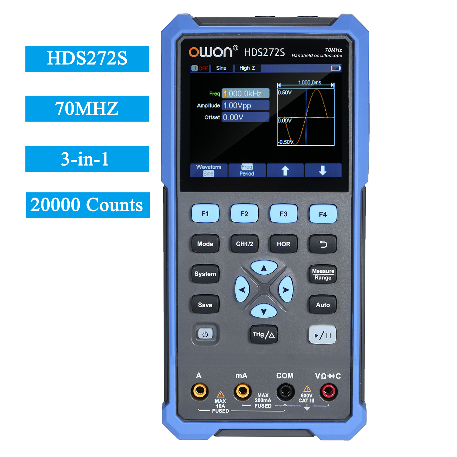 OWON HDS272 Oscilloscope 3-in-1 Digital Oscilloscope Waveform Generator Multimeter 2CH USB TypeC 40/70MHz 3.5 LCD Test Meter
