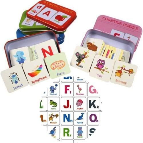 Wooden Alphabet Learning Cards Toy Kids Color Shape Cognitive Puzzle Matching Card Toy Early Educational for Babys with Iron Box