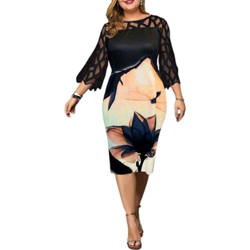Women Bodycon dress Knee-length Dress O Neck 3/4 Sleeve Floral Print Mesh Patchwork Bodycon Dress Casual Oversized robe femme
