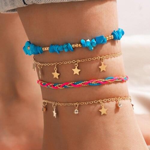 Hot Sale!! Fashion Beach Anklets Five-pointed Star Exquisite Bohemian Boho Green Turquoise Adjustable 4Pcs/Set Anklets for Beach