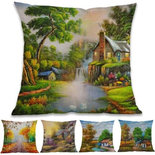 Oil Painting Style Beautiful Rural Paradise Landscape Linen Throw Pillow Case Home Gallery Hotel Sofa Decoration Cushion Cover