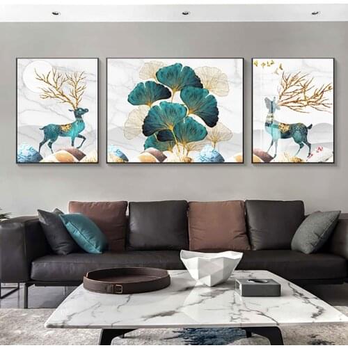 Golden Deer Luxury Decor Poster Canvas Painting Marbling Animal Plant Picture Home Decor Wall Art Nordic Print for Living Room