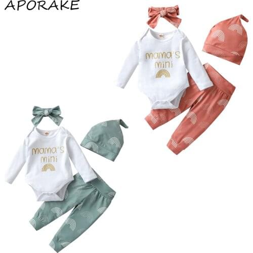 2021 0-24M Baby Girl Clothes Set MAMA MINI Letter Print Long Sleeve Romper+Rainbow Print Trousers+Headband+Pointed Hat Fall 4pcs