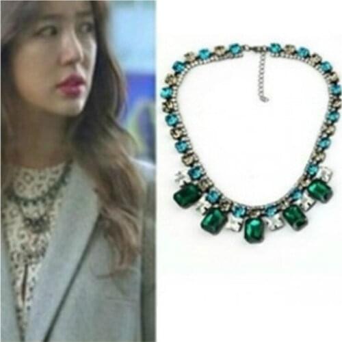 Korean fashion jewelry green square crystal necklace bohemian geometric necklace female elegant necklace