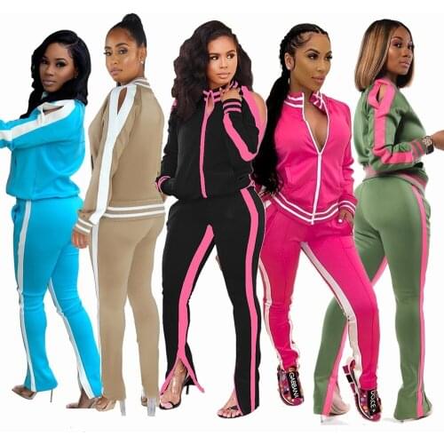 Casual Patchwork Tracksuit Women Two Picese Sets Long Sleeve Zip-up Cut Out Shoulder Top And Bottom Slit Pants Spring Gym Suits