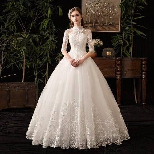 Lace Muslim Wedding Dress 2021 New High Neck Half Sleeve Gown Vintage Bridal Vestido De Noiva X