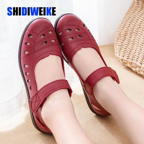 Summer Ballet Flats Shoes Woman Hollow Leather Mary Jane Casual Shoes ladies Genuine Loafers Shoes Female 2021 Sapato Feminino