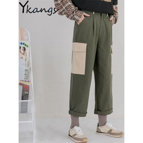 Patchwork Pockets Cargo Pants Elastic High Waist Joggers Women Baggy Streetwear Sweatpants Harajuku Vintage Straight Trousers