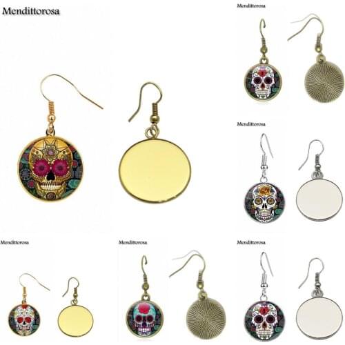 Mendittorosa Vintage Glass Cabochon Jewelry With Bronze/Silver/Golden Clip Ear Hook Drop Earrings For Unisex Mexican Sugar Skull