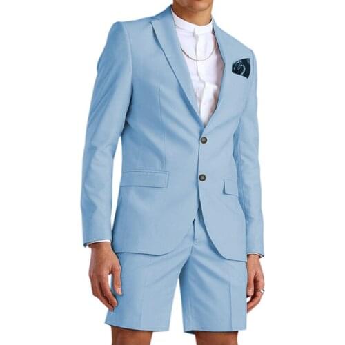 Casual Summer Light Blue Mens Suit with Short Pants 2 Piece Groom Beach Tuxedos for Wedding Male Fashion Blazer 2021