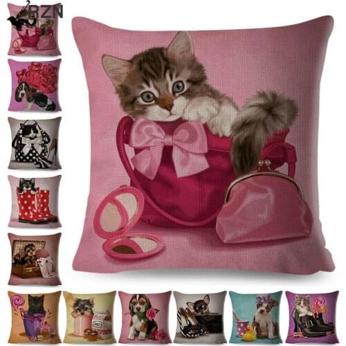 45x45cm Cute Dog/Cats Pattern Removable Linen Pillowcase Throw Pillow Case Sofa Bed Office Cushion Covers Home Decor