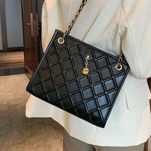Designer Pu Leather Tote Handbag Women Lattice Chain Shoulder Bags Black Lozenge Messenger Bag Ladies Casual Plaid Crossbody Bag