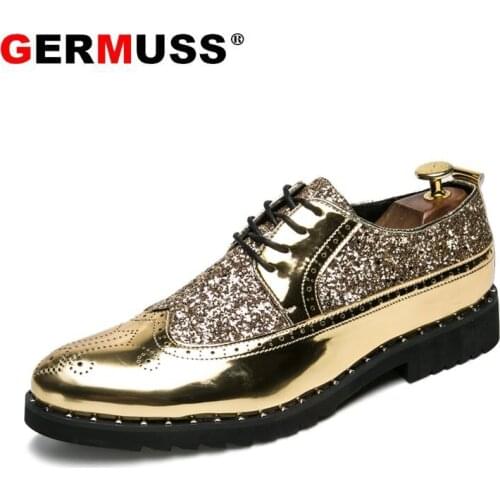 Italian Fashion Sequins Men Shoes Germuss Pointed Toe Gold Glitter Men Loafers Casual Shoes Wedding Dress Mens Flats PU Leather
