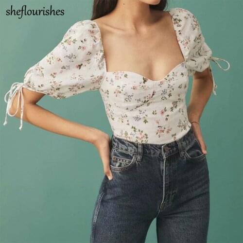 Vintage floral blouse women summer shirt korean short sleeve shirts sexy square neck top cute slim womens tops and blouses beige