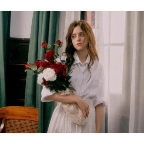 Vintage Womens Loose Oversized White Shirt Long Sleeve & Necktie & Long Skirt Set