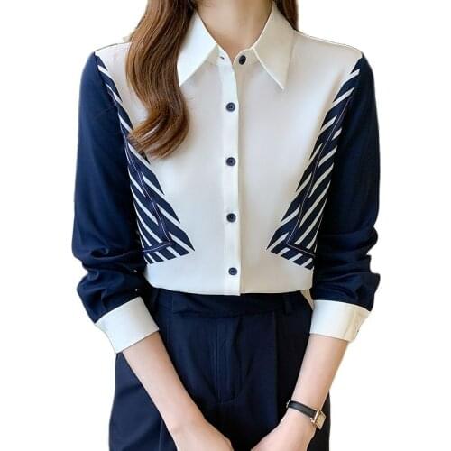 Women Spring Autumn Turn-down Collar Long-Sleeve Office Work Female Blouse Casual Simple Contrast Color Chiffon Shirts Tops