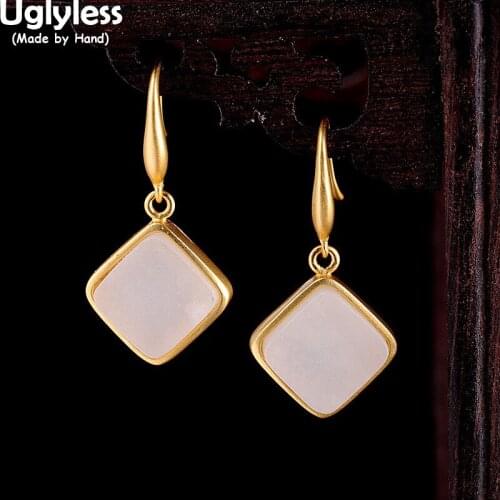 Uglyless Square Minimalism Dress Jewelry for Women Thick Gold Real 925 Silver Geometric Square Earrings Jade Gemstones Brincos