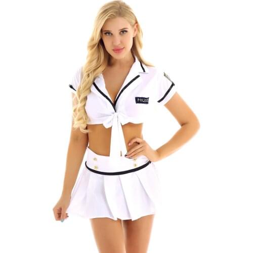 Women Officer Policewoman Cosplay Uniform Erotic Sexy Lingerie Set Costume Outfit Short Sleeve Crop Top with Pleated Mini Skirt
