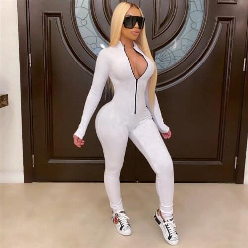 Women Sexy Bodysuit Long Sleeve Autumn Clothes Wear Sexy Slim Skinny Clubwear Solid Zipper Bodycon Bandage Jumpsuit