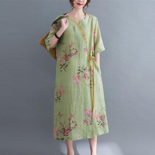 2021 New Arrival lShort Sleeve Summer Dress Cotton Linen Print Chinese Style Vintage Dress Women Holiday Travel Casual Dress