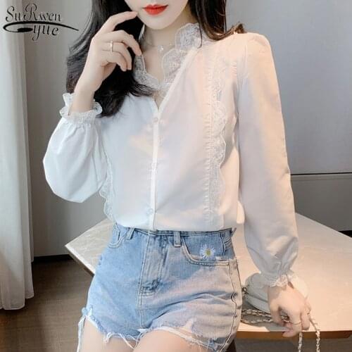 2021 Lace Shirt Women Autumn New White Lace V-neck Womans Blouses Long Sleeve Single-Breasted Fashion Top Feminine blusas 10845