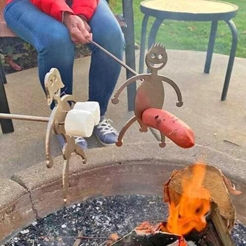 2021 New Outdoor Barbecue Rack Human Shaped Grill Holder Hot Dog Stand BBQ Forks Cotton Candy Grilling Sticks Campfire Skewers