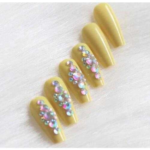 24pcs latest candy long ballet handmade crystal diamond fake nails sexy light yellow